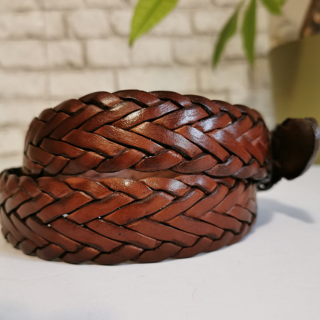 Handmade Braided Leather Belt: Brown Cowhide Belt For Men
