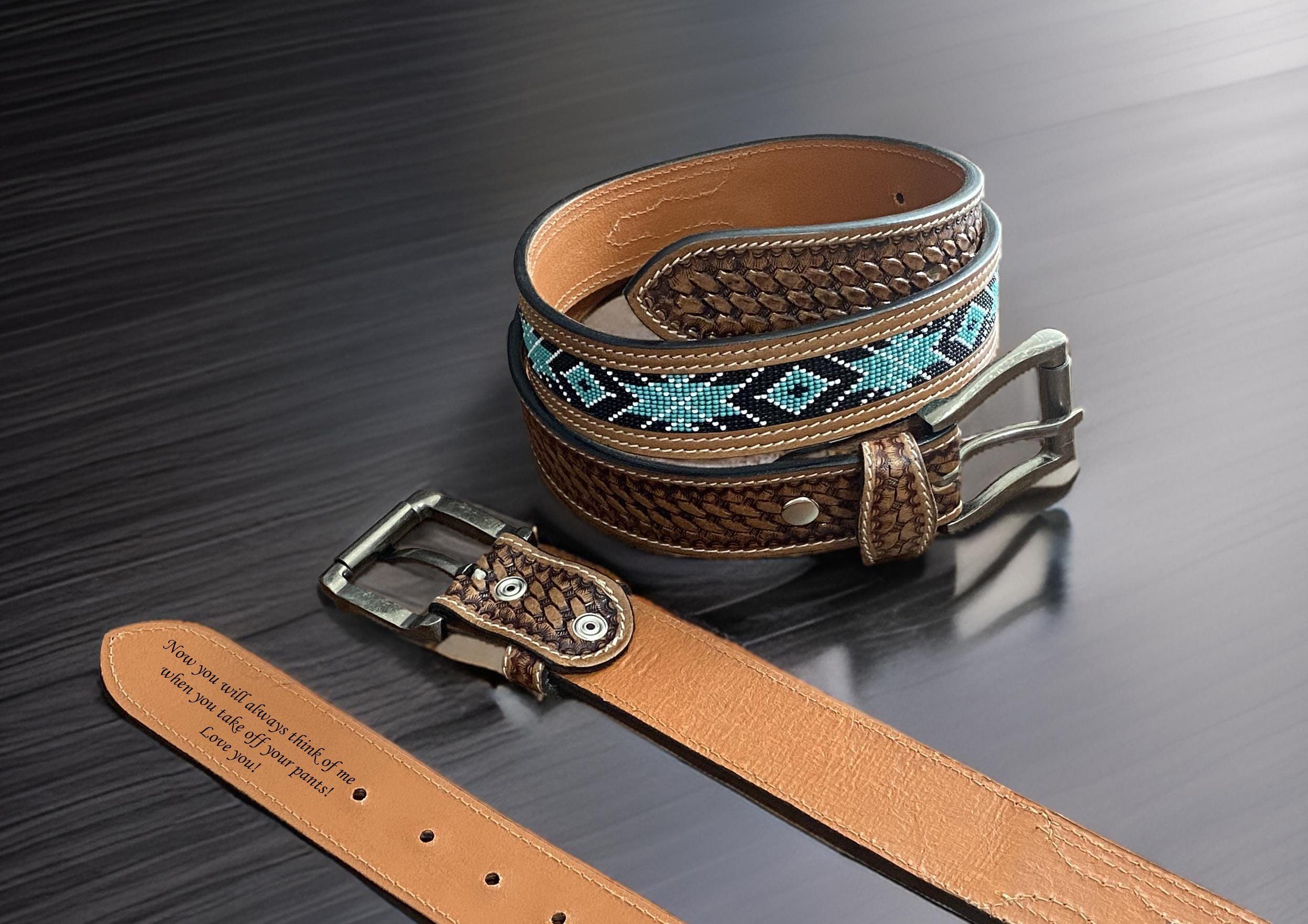 Genuine Leather Beaded Heavy Duty Belt, Custom Personalized Rodeo Belt For Cowboy Cowgirl