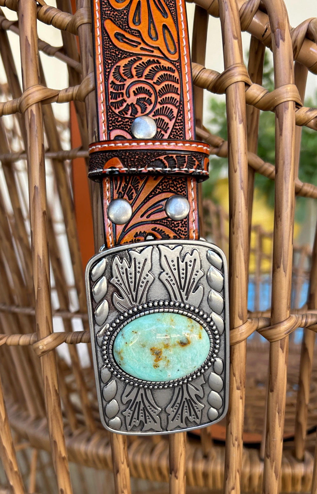 Tooled Brown Leather Belt Strap: Turquoise Stone Western Buckle, Full Grain Cowhide