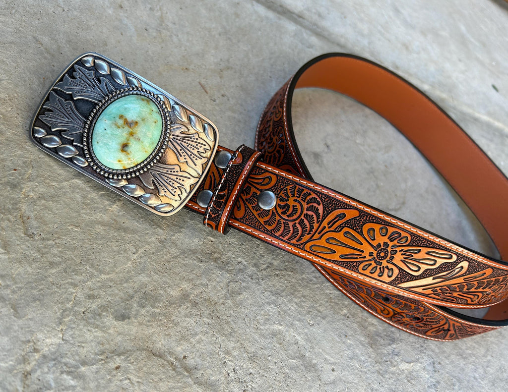 Tooled Brown Leather Belt Strap: Turquoise Stone Western Buckle, Full Grain Cowhide