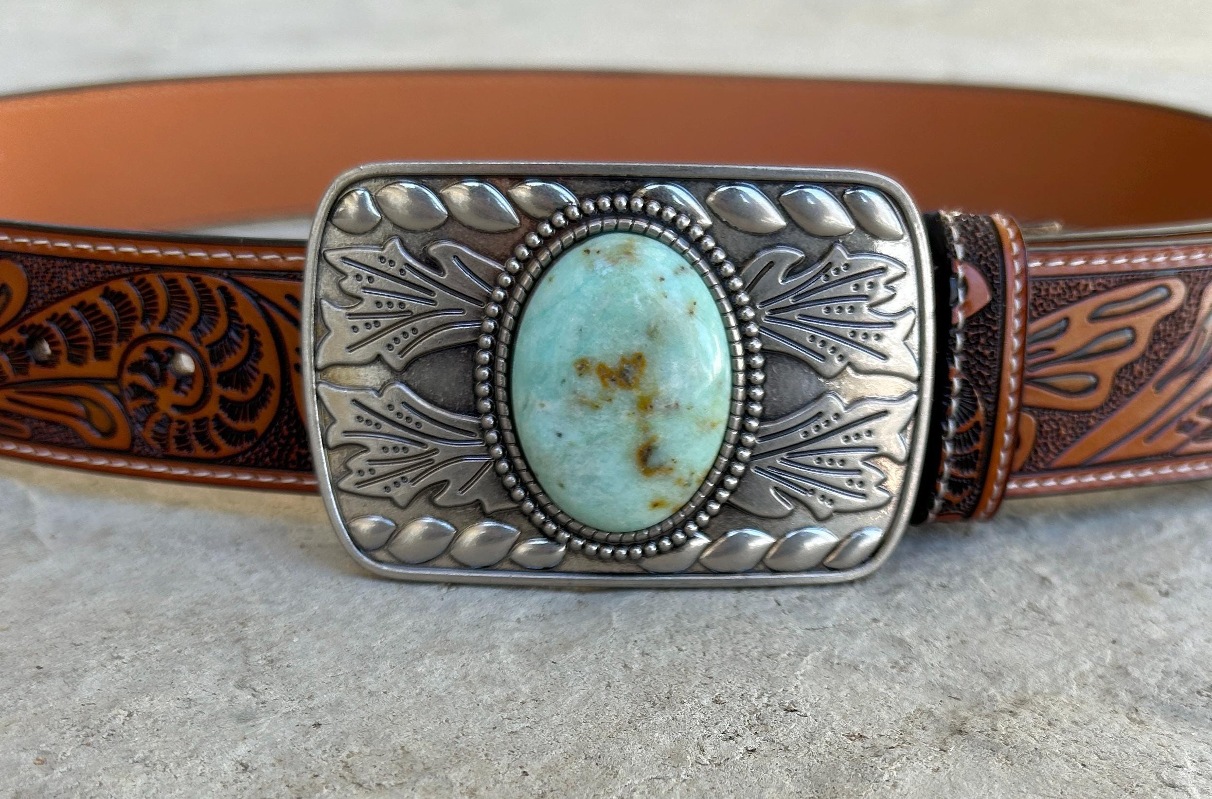 Tooled Brown Leather Belt Strap: Turquoise Stone Western Buckle, Full Grain Cowhide