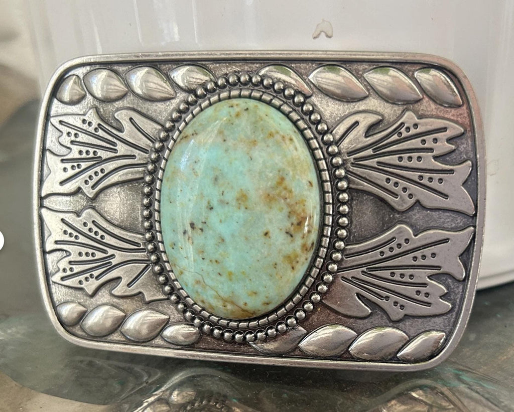 Tooled Brown Leather Belt Strap: Turquoise Stone Western Buckle, Full Grain Cowhide