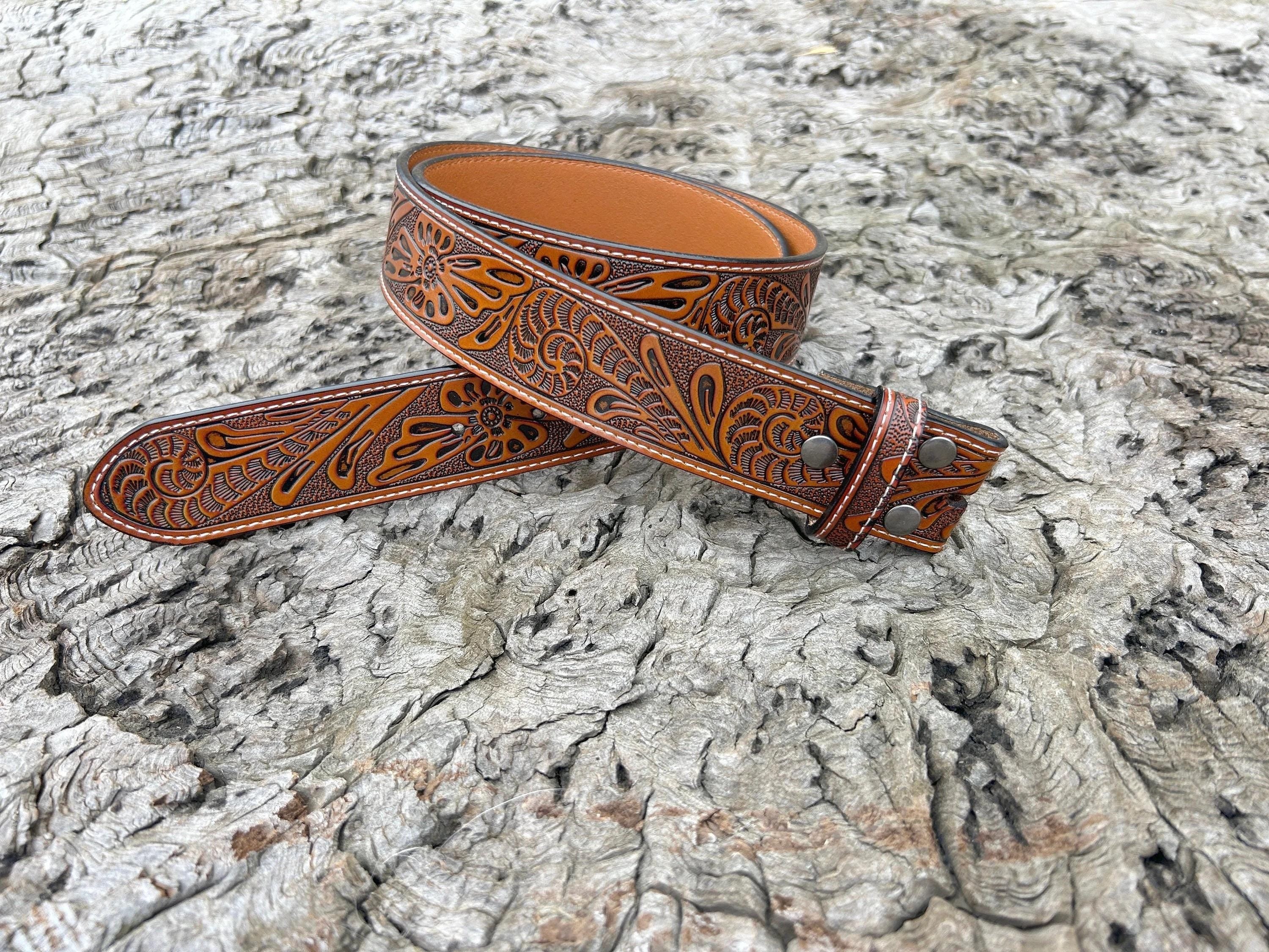 Tooled Brown Leather Belt Strap: Turquoise Stone Western Buckle, Full Grain Cowhide