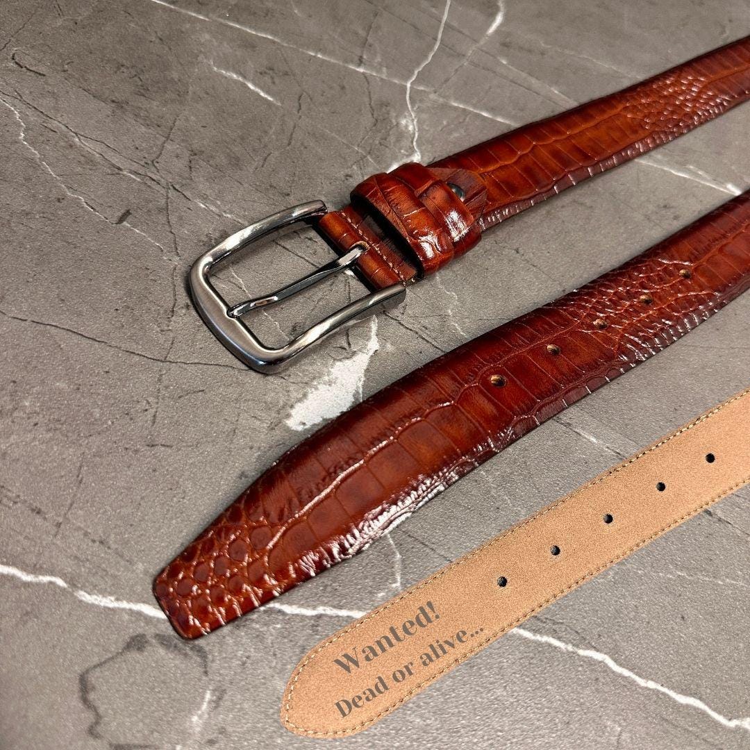 Premium Crocodile Leather Belt - Olive Green, Bloody Red, Brown, Black, Tan Colors. Unique Gift For Him.