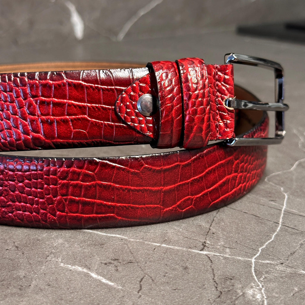 Premium Crocodile Leather Belt - Olive Green, Bloody Red, Brown, Black, Tan Colors. Unique Gift For Him.