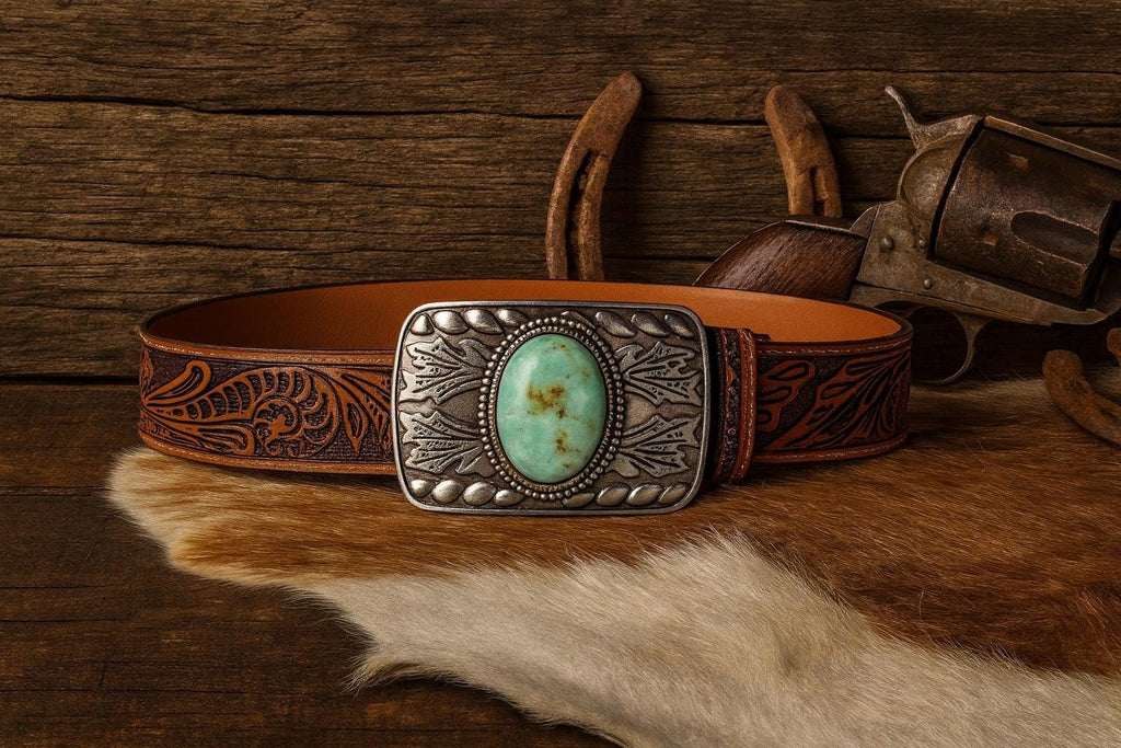 Tooled Brown Leather Belt Strap: Turquoise Stone Western Buckle, Full Grain Cowhide