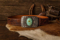 Tooled Brown Leather Belt Strap: Turquoise Stone Western Buckle, Full Grain Cowhide