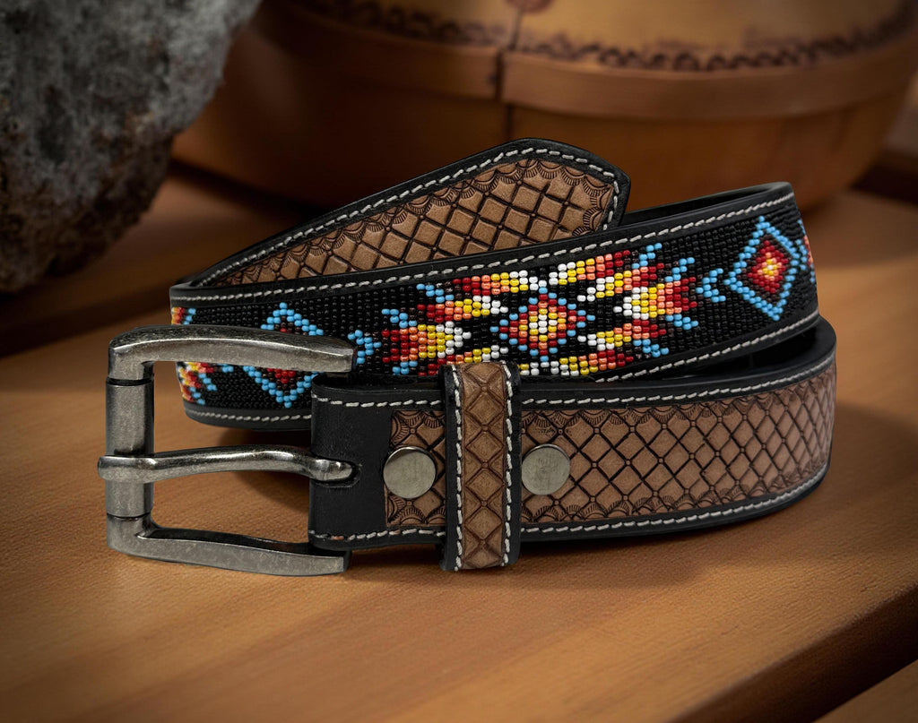 Genuine Leather Beaded Heavy Duty Belt, Custom Personalized Rodeo Belt For Cowboy Cowgirl