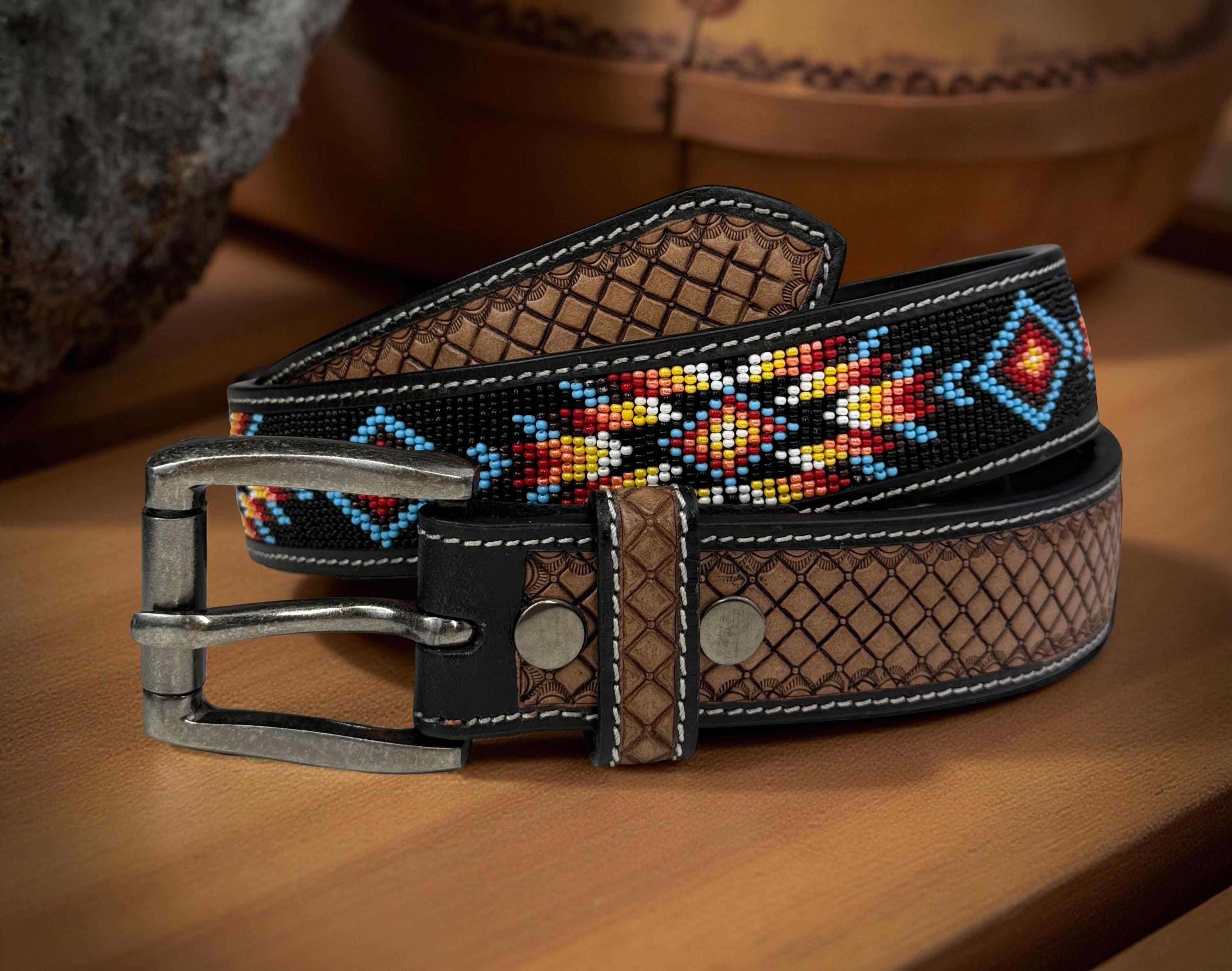 Genuine Leather Beaded Heavy Duty Belt, Custom Personalized Rodeo Belt For Cowboy Cowgirl