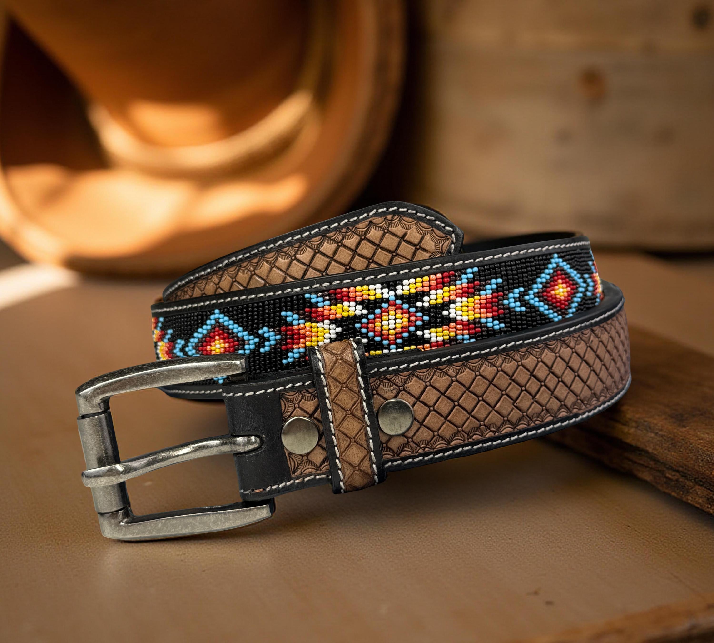 Genuine Leather Beaded Heavy Duty Belt, Custom Personalized Rodeo Belt For Cowboy Cowgirl