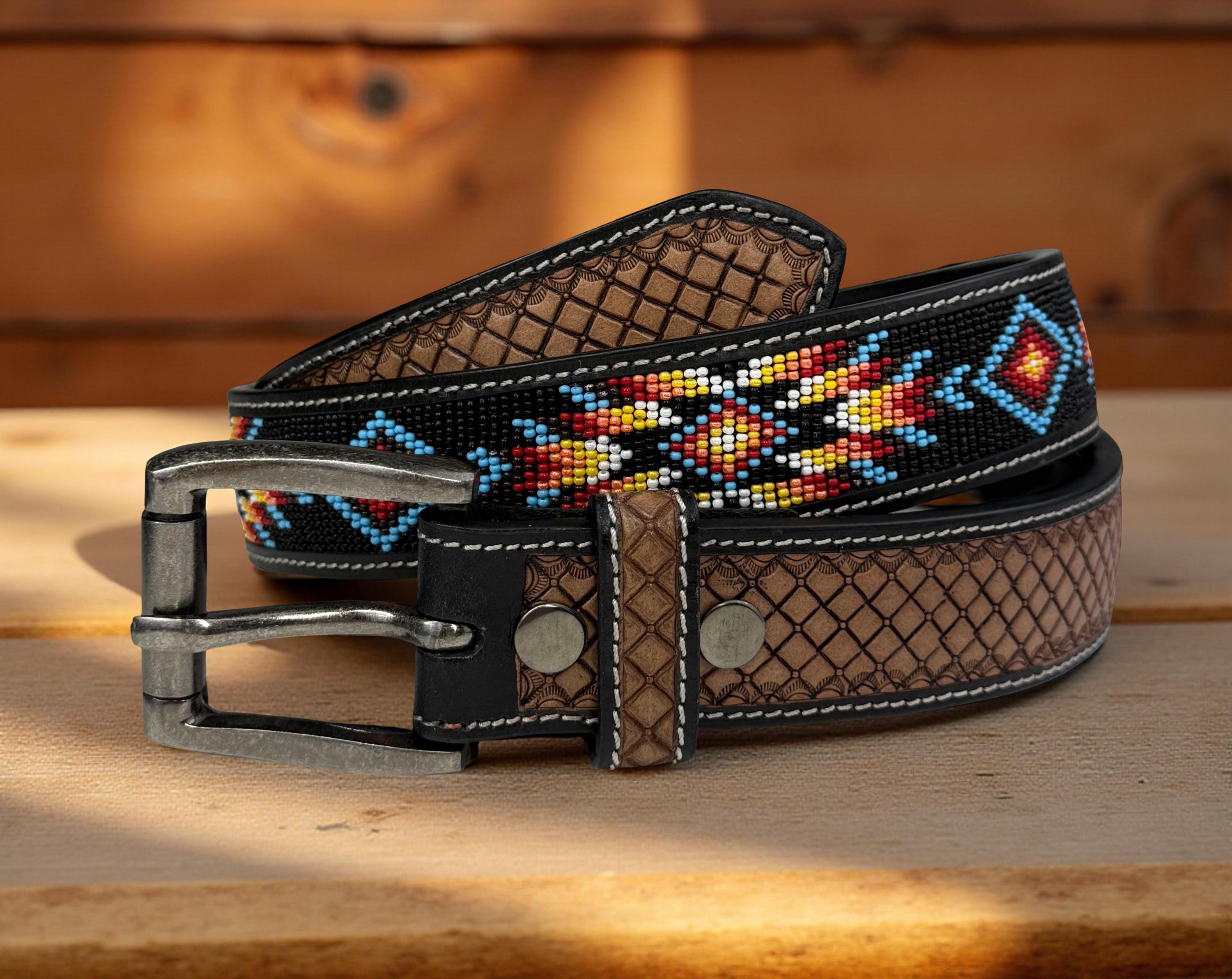 Genuine Leather Beaded Heavy Duty Belt, Custom Personalized Rodeo Belt For Cowboy Cowgirl