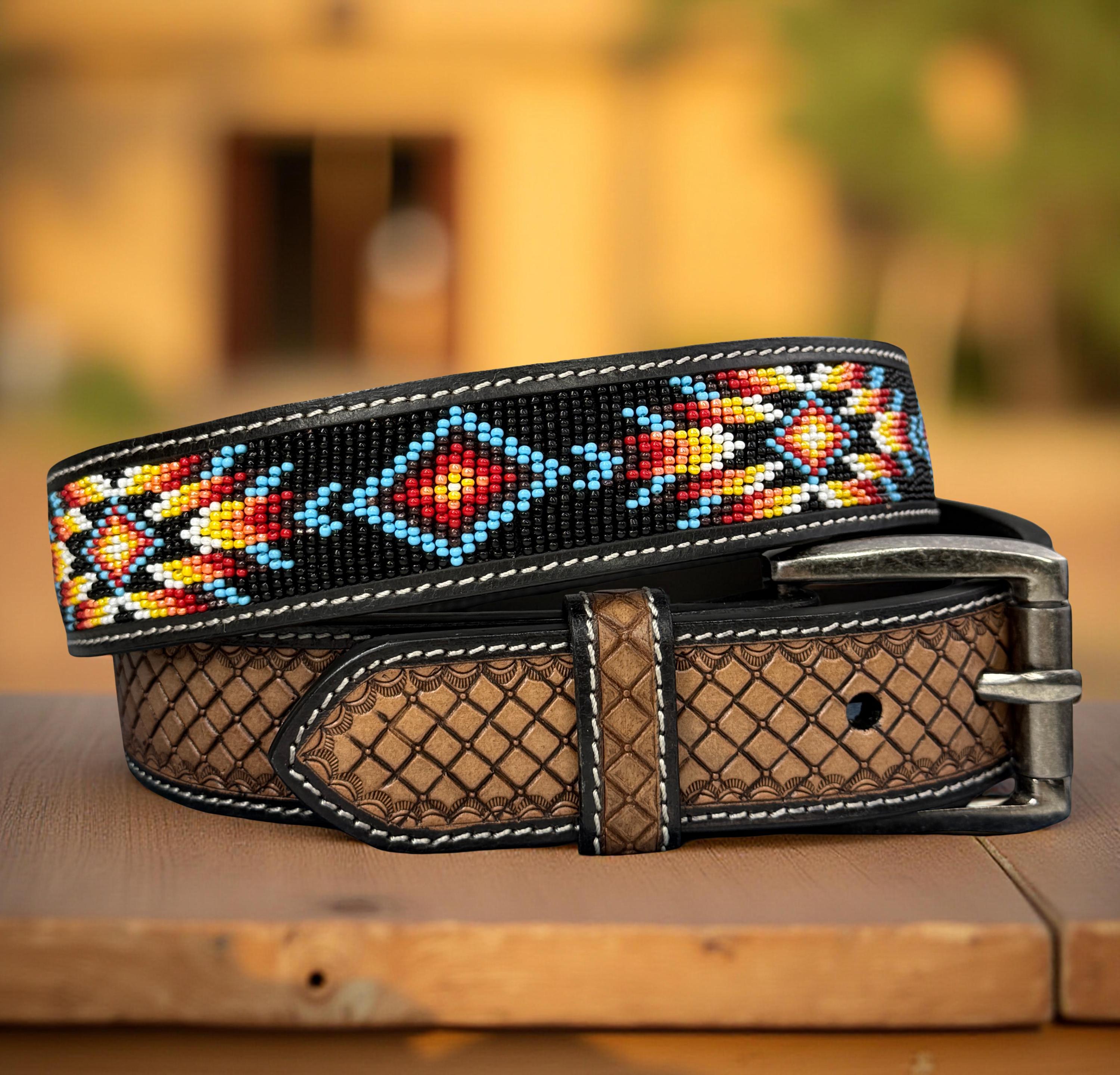 Genuine Leather Beaded Western Heavy Duty Belt, Custom Personalized Rodeo Belt For Cowboy Cowgirl