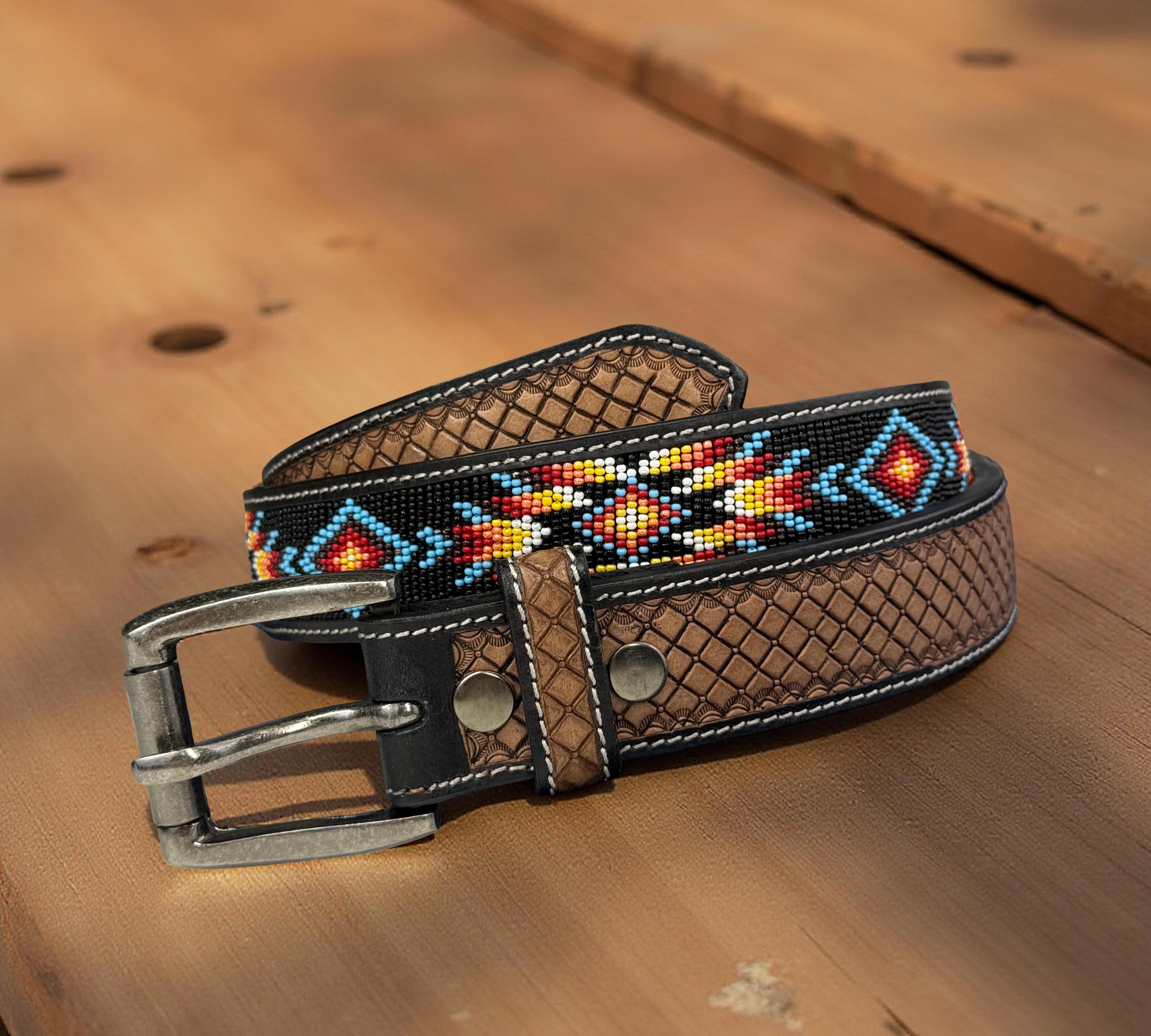 Genuine Leather Beaded Heavy Duty Belt, Custom Personalized Rodeo Belt For Cowboy Cowgirl