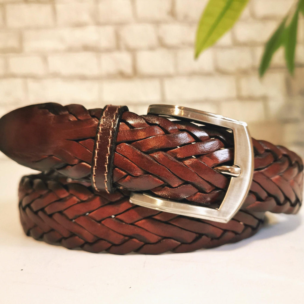 Handmade Braided Leather Belt: Brown Cowhide Belt For Men