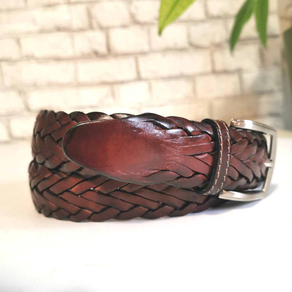 Handmade Braided Leather Belt: Brown Cowhide Belt For Men