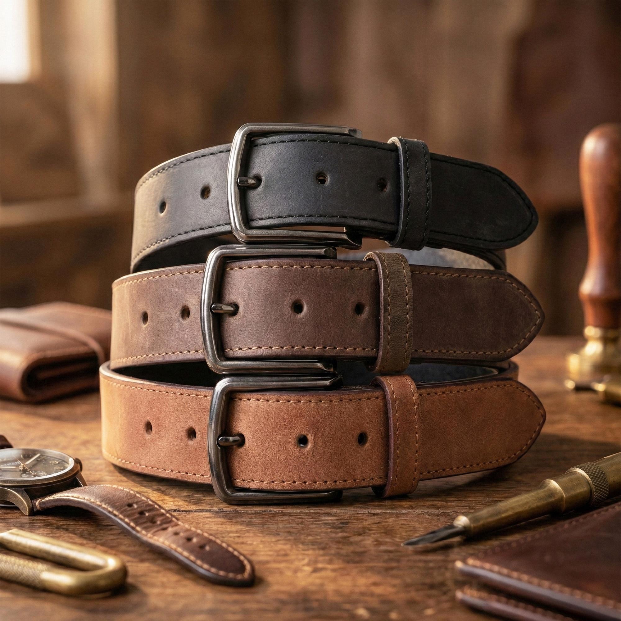 Handmade Crazy Horse Leather Belt Men Vintage Style Durable Genuine Leather