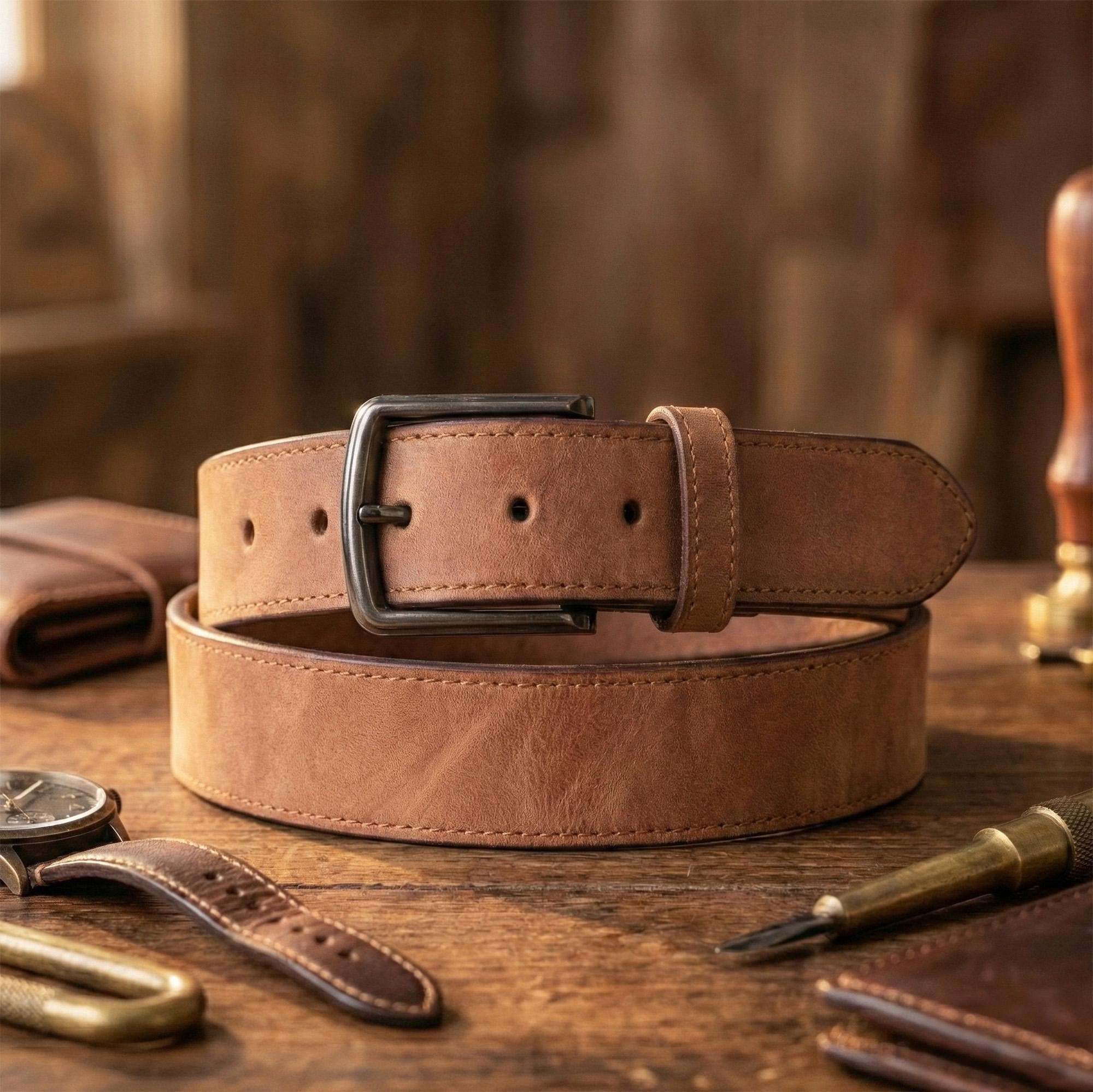 Handmade Crazy Horse Leather Belt Men Vintage Style Durable Genuine Leather