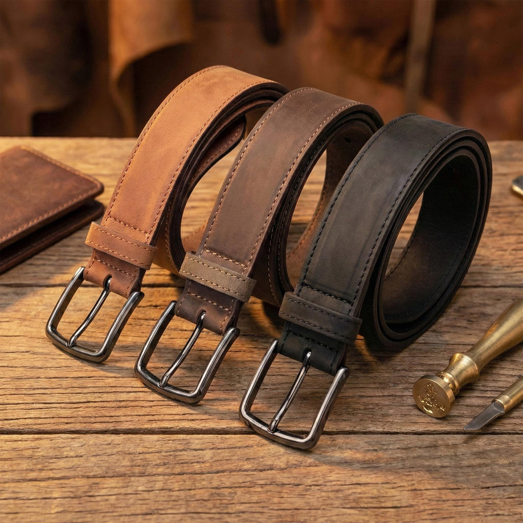 Handmade Crazy Horse Leather Belt Men Vintage Style Durable Genuine Leather