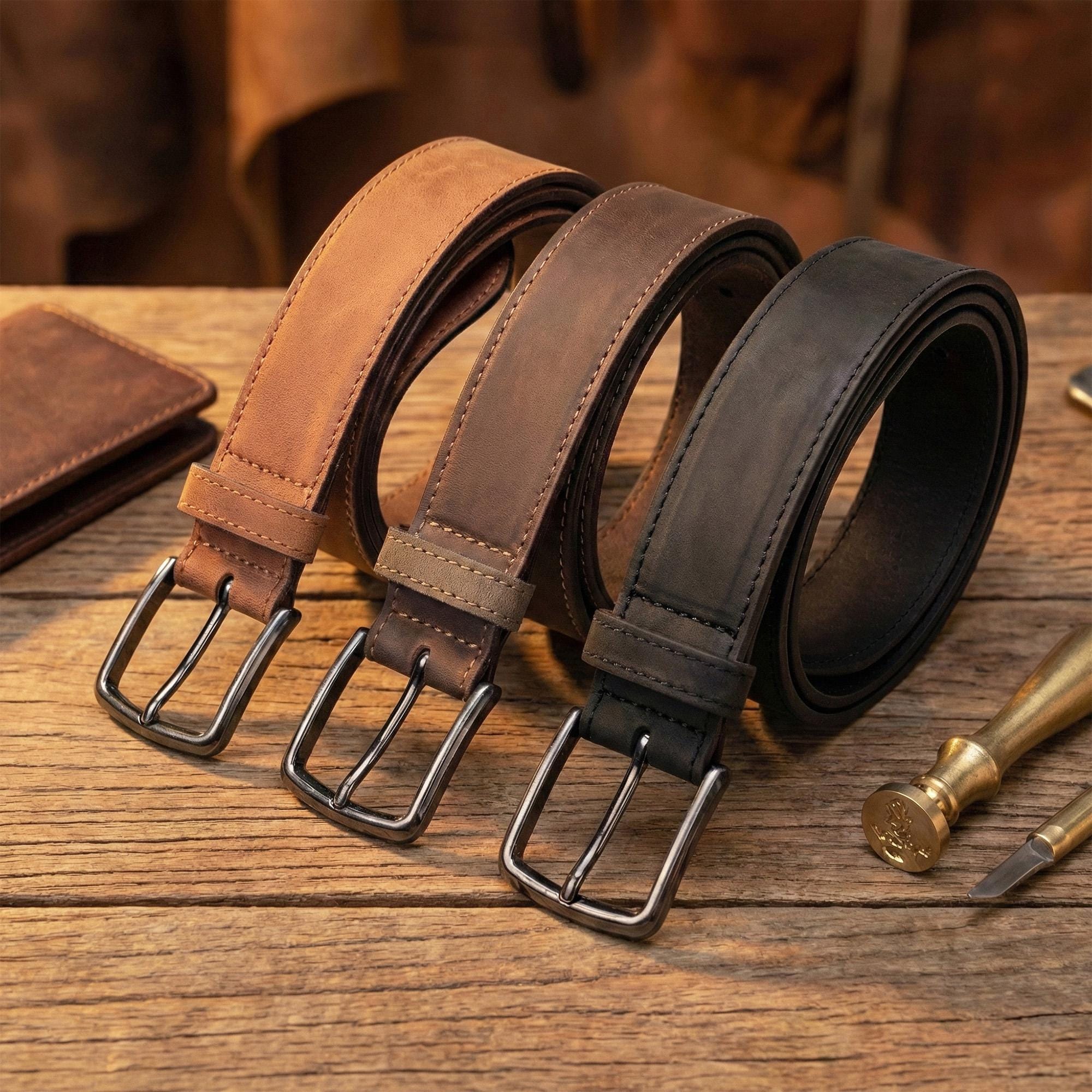 Handmade Crazy Horse Leather Belt Men Vintage Style Durable Genuine Leather