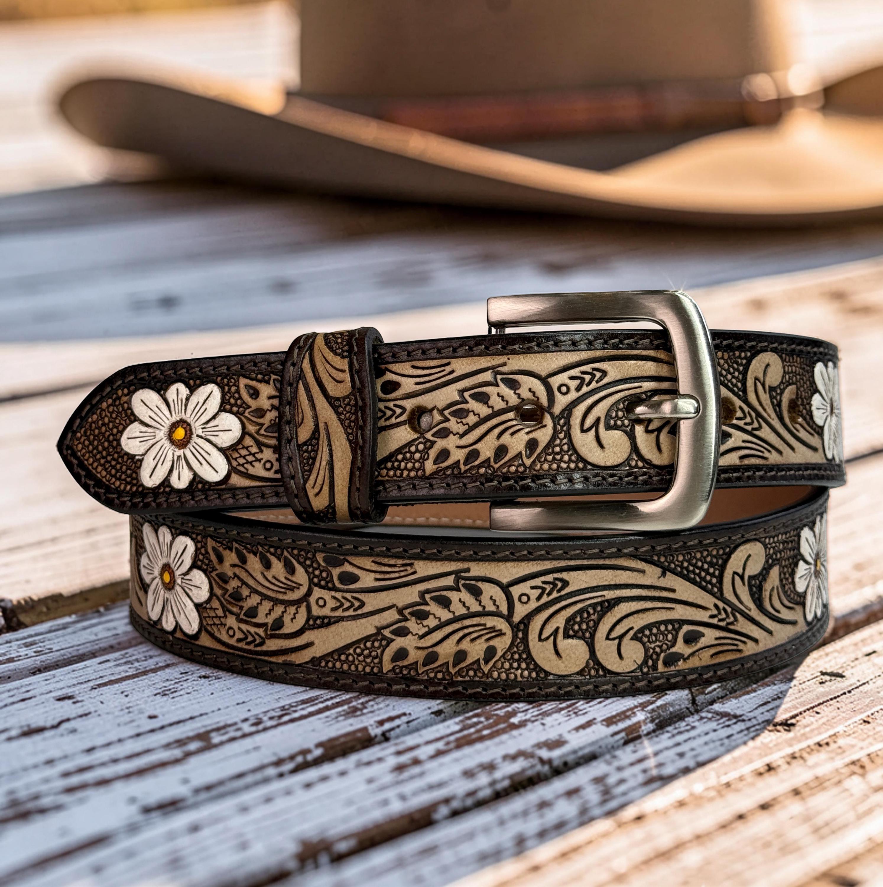 Woman Leather Belt, Handmade Western Carved Full Grain Leather Belt, Personalized Engraved Custom Belt With Removable Buckle