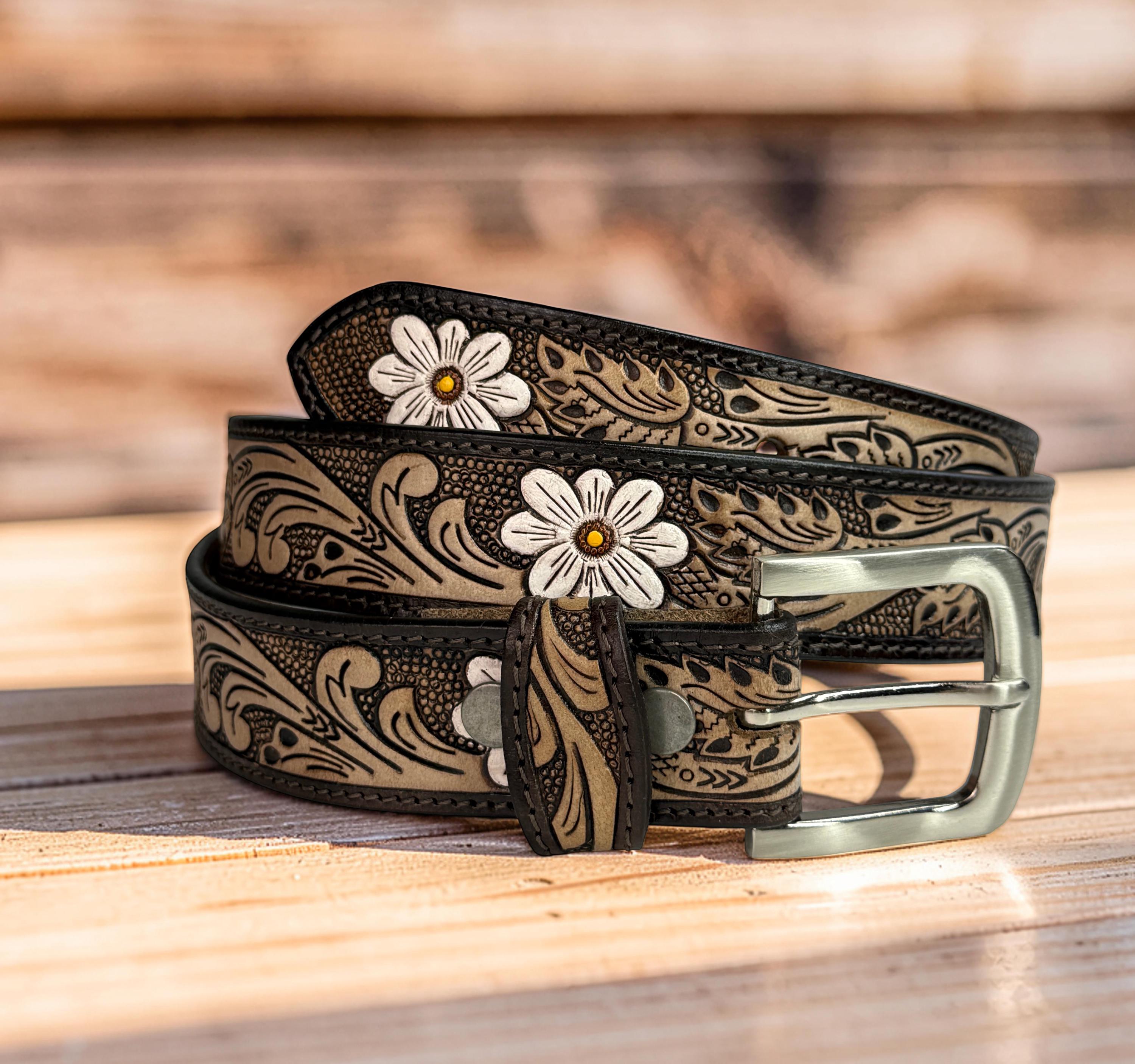 Woman Leather Belt, Handmade Western Carved Full Grain Leather Belt, Personalized Engraved Custom Belt With Removable Buckle