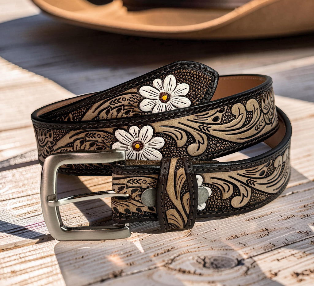 Woman Leather Belt, Handmade Western Carved Full Grain Leather Belt, Personalized Engraved Custom Belt With Removable Buckle