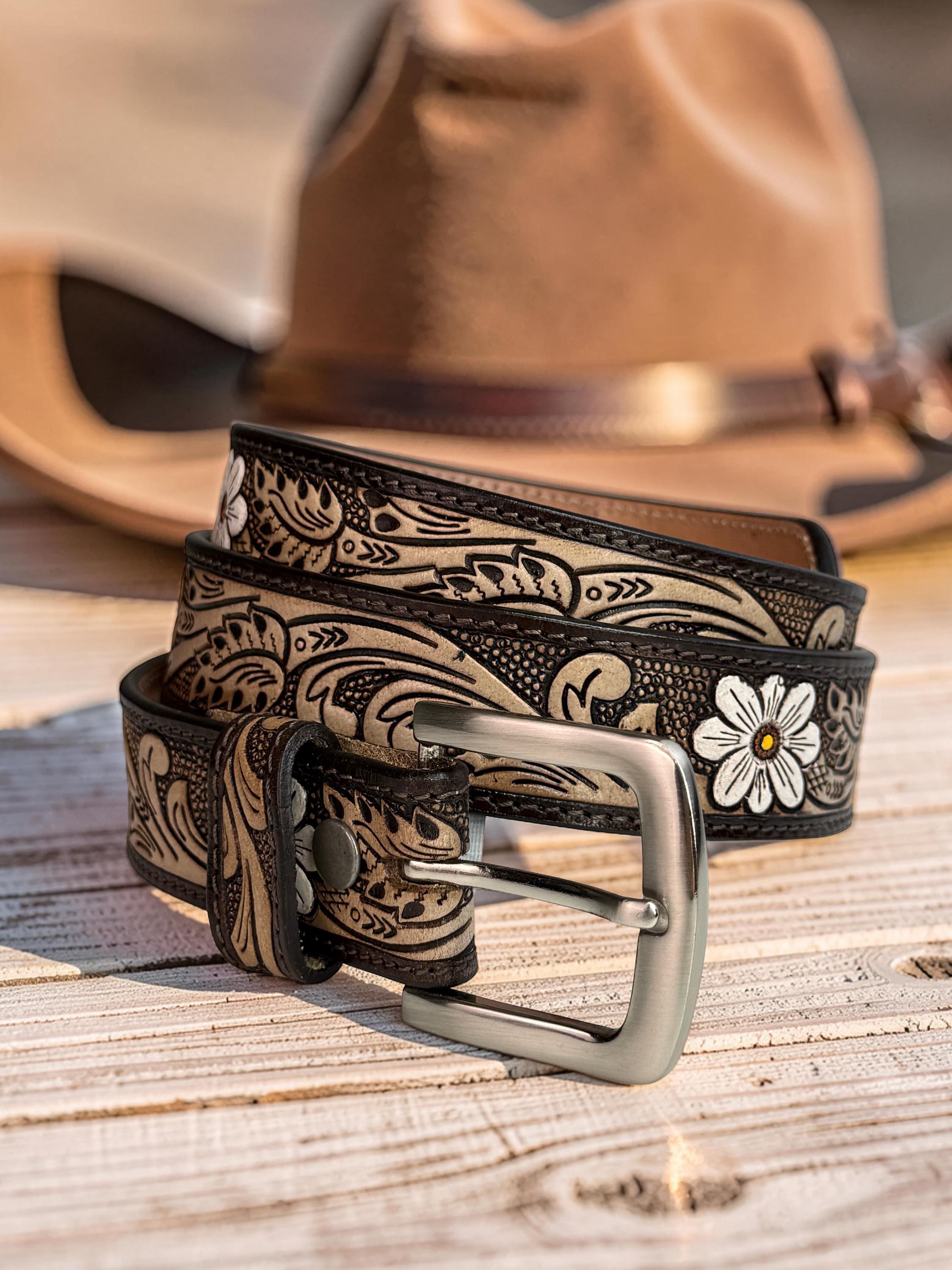 Woman Leather Belt, Handmade Western Carved Full Grain Leather Belt, Personalized Engraved Custom Belt With Removable Buckle