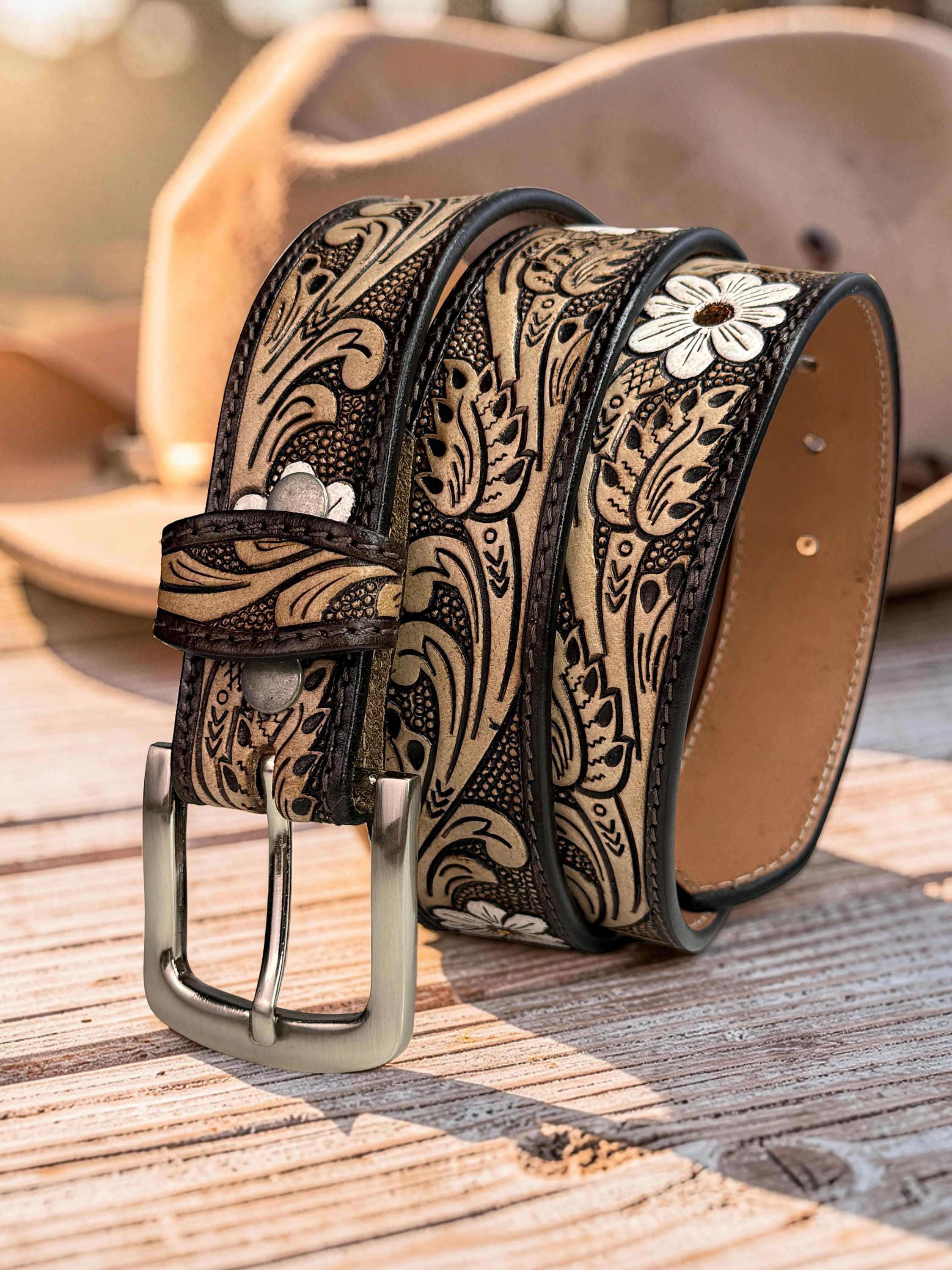 Woman Leather Belt, Handmade Western Carved Full Grain Leather Belt, Personalized Engraved Custom Belt With Removable Buckle