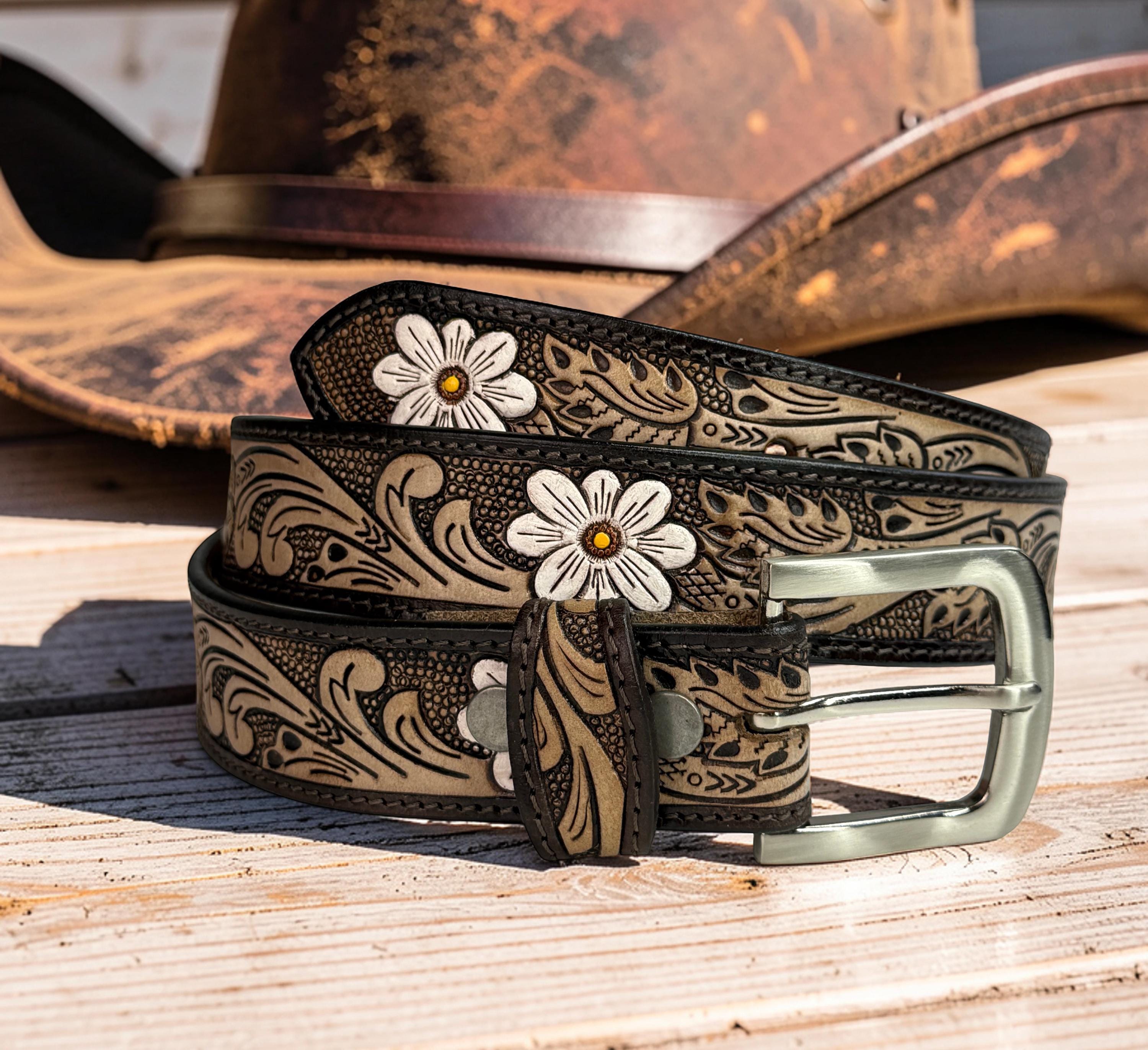 Woman Leather Belt, Handmade Western Carved Full Grain Leather Belt, Personalized Engraved Custom Belt With Removable Buckle