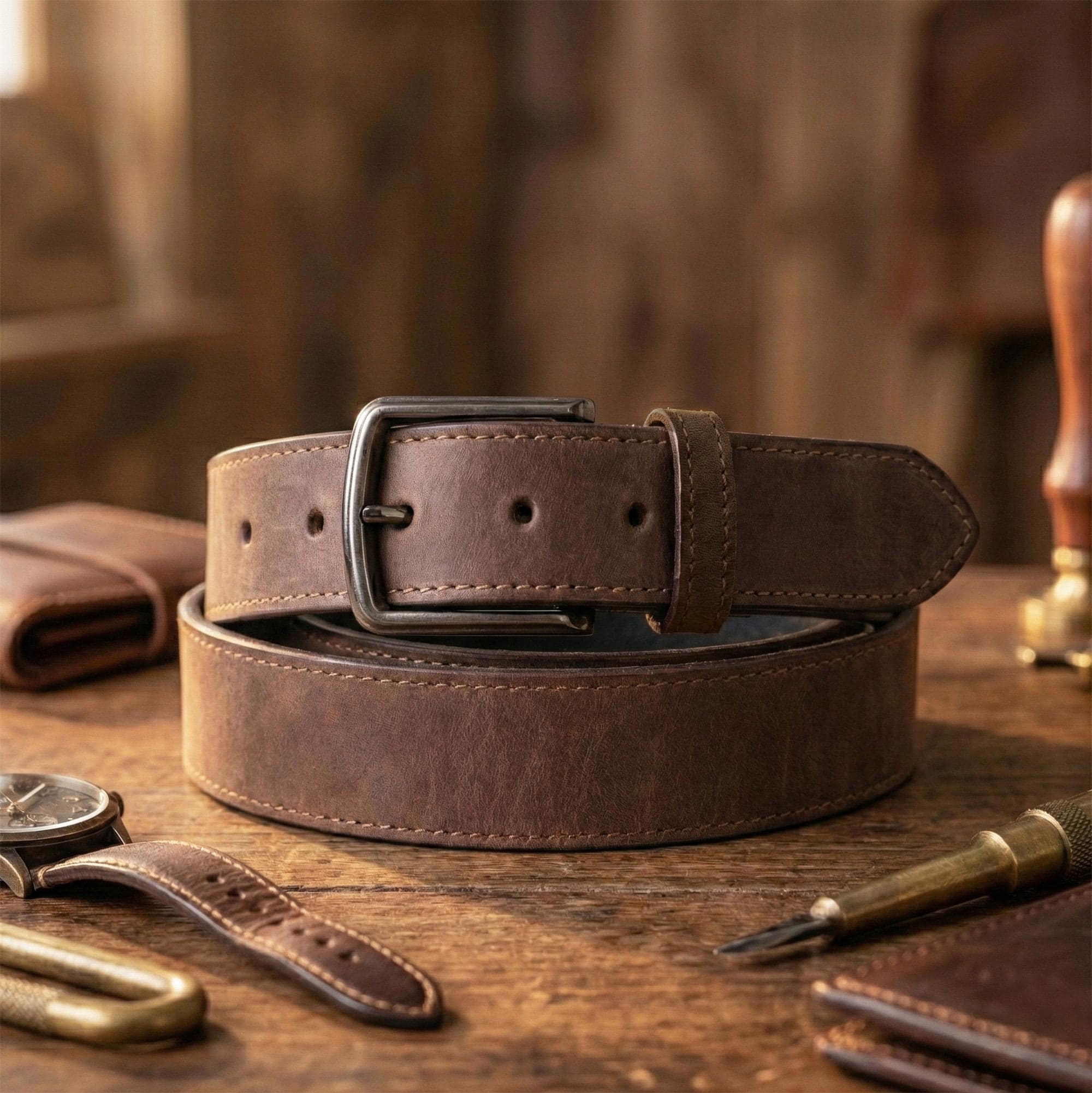 Handmade Crazy Horse Leather Belt Men Vintage Style Durable Genuine Leather