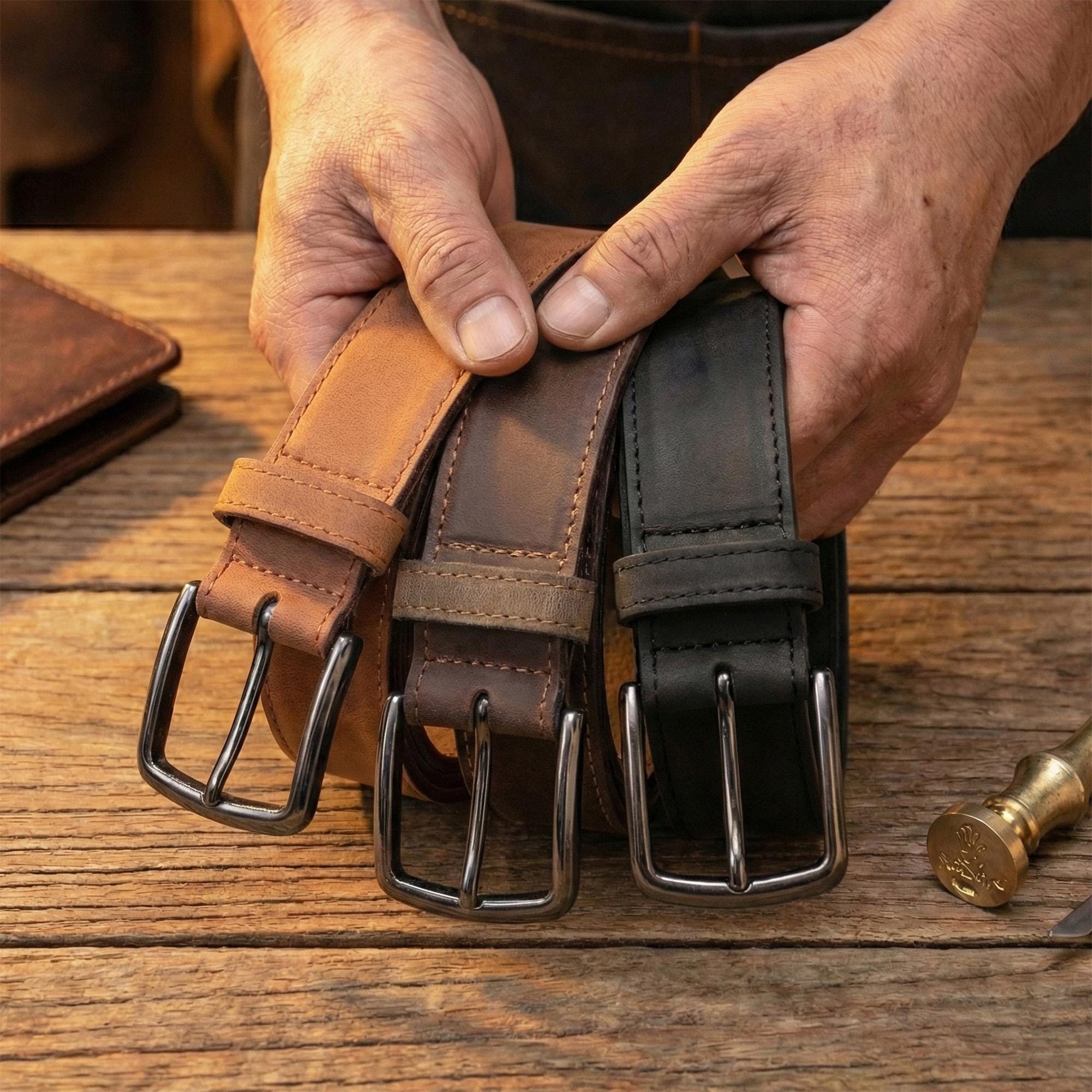 Handmade Crazy Horse Leather Belt Men Vintage Style Durable Genuine Leather