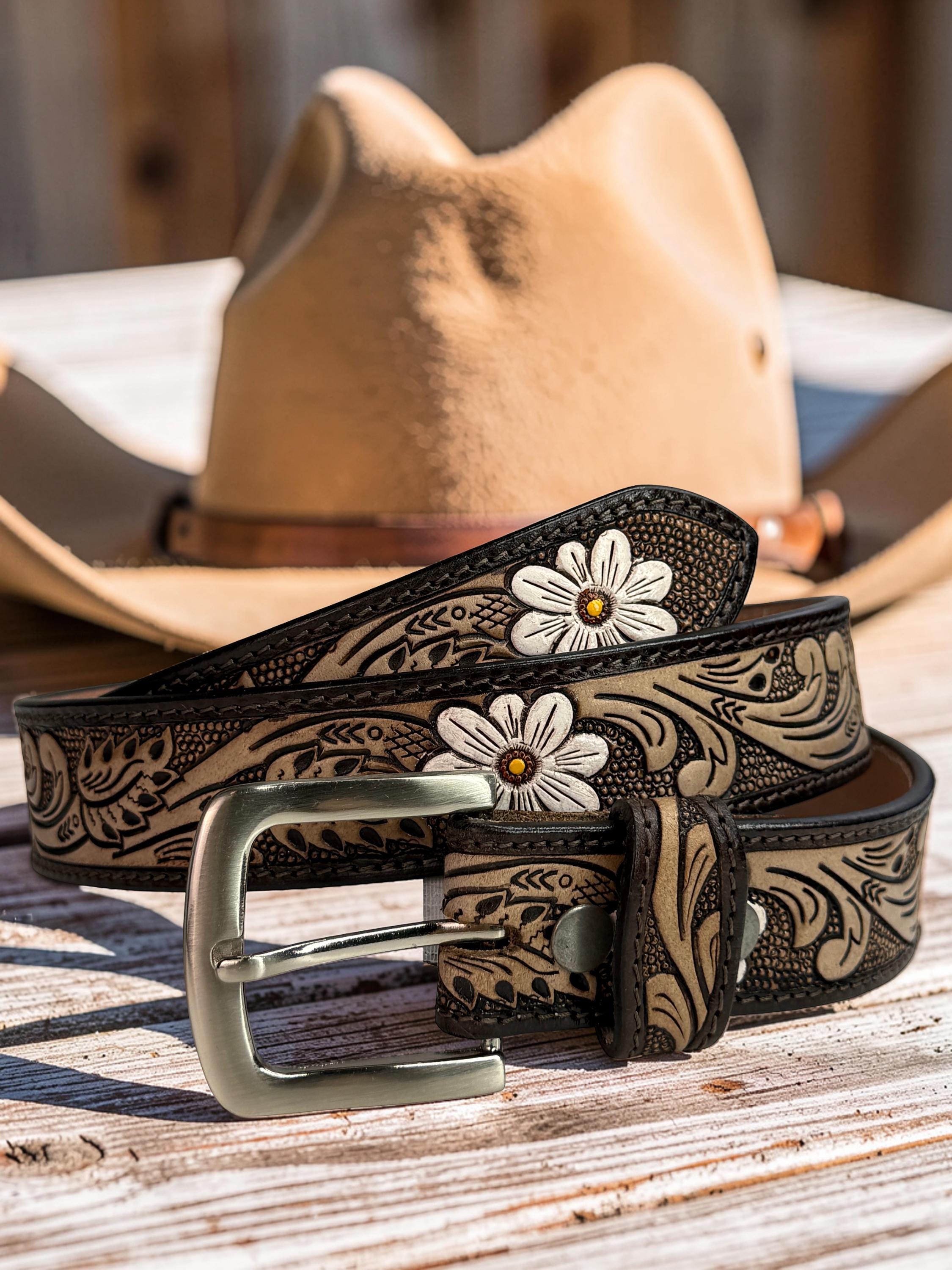 Woman Leather Belt, Handmade Western Carved Full Grain Leather Belt, Personalized Engraved Custom Belt With Removable Buckle