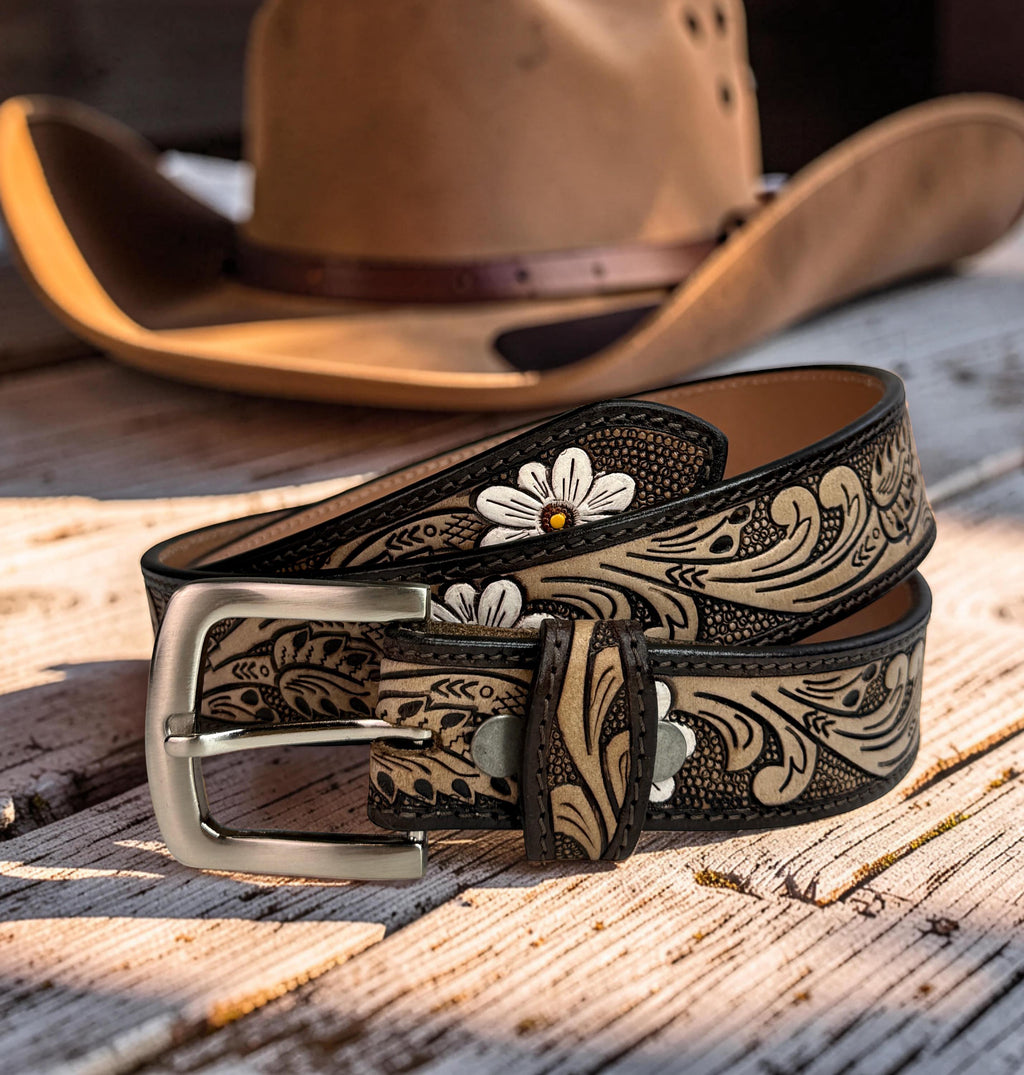 Woman Leather Belt, Handmade Western Carved Full Grain Leather Belt, Personalized Engraved Custom Belt With Removable Buckle