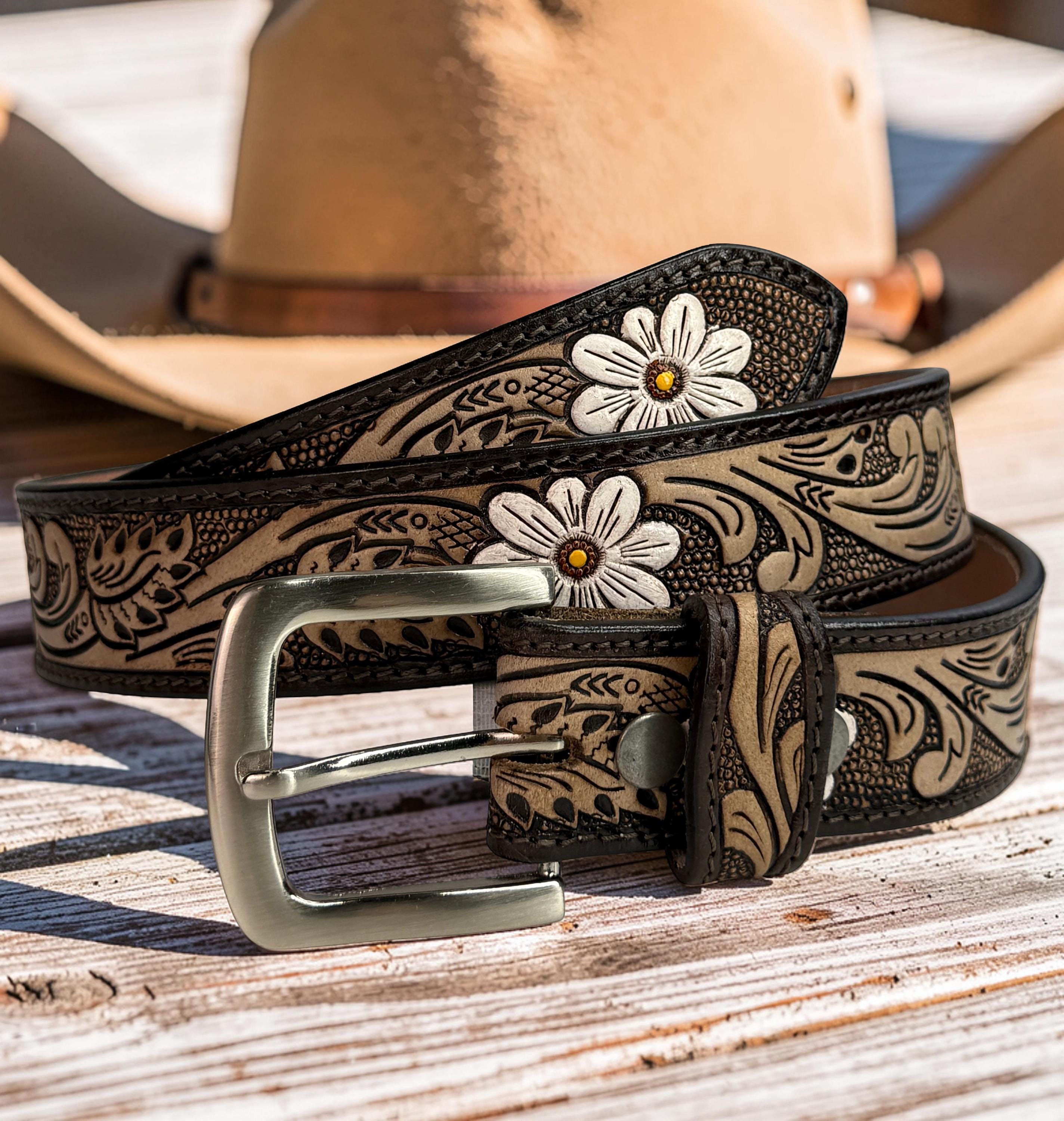 Woman Leather Belt, Handmade Western Carved Full Grain Leather Belt, Personalized Engraved Custom Belt With Removable Buckle