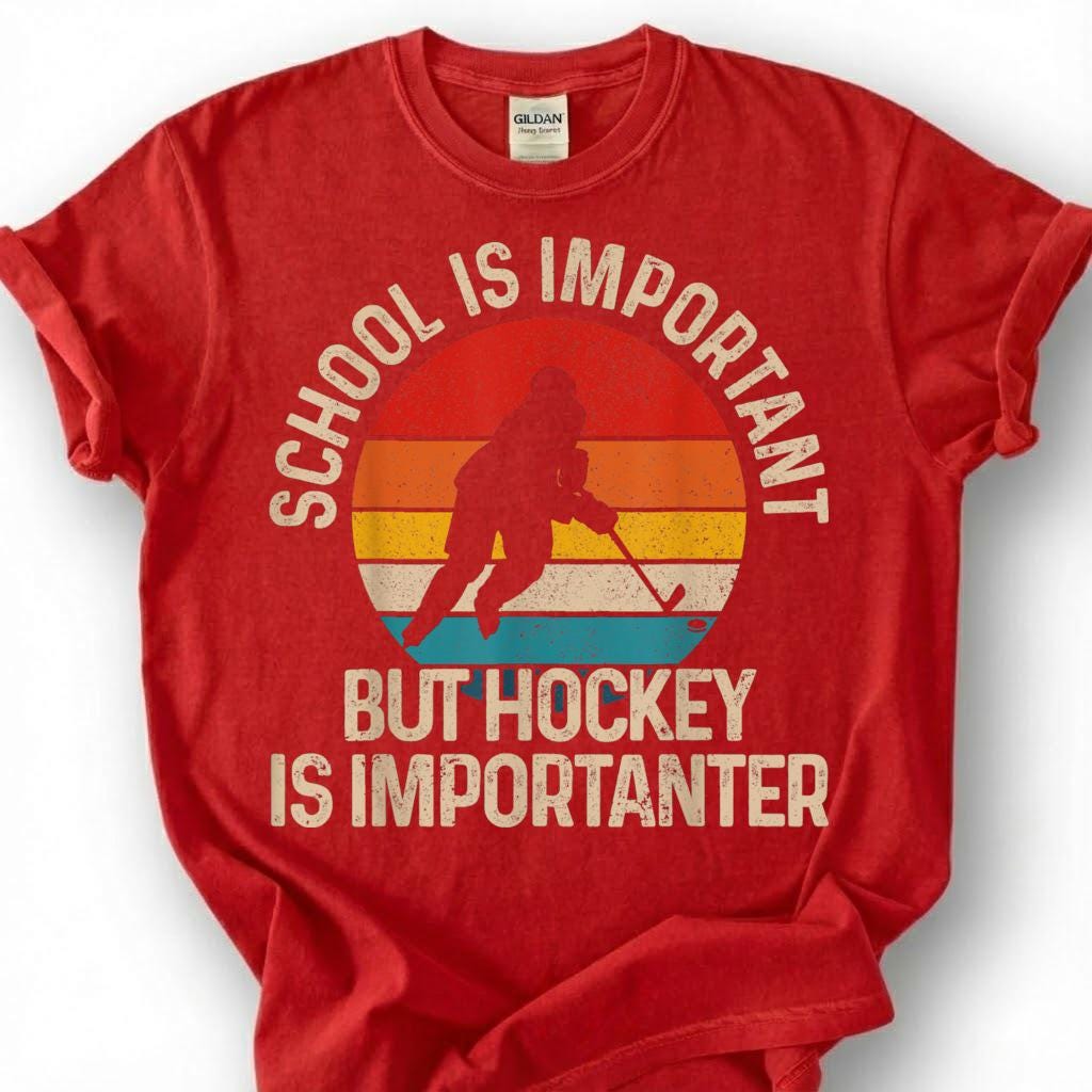 School Is Important But Hockey Is Importanter Shirt, Funny Hockey Player T-Shirt, Retro Vintage Hockey Tee, Hockey Kid Gift, Youth Hockey