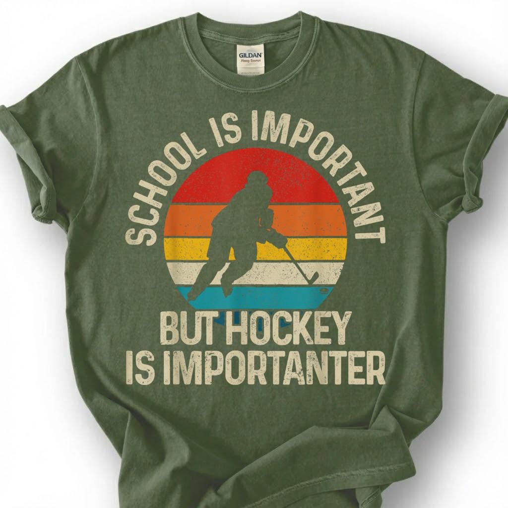 School Is Important But Hockey Is Importanter Shirt, Funny Hockey Player T-Shirt, Retro Vintage Hockey Tee, Hockey Kid Gift, Youth Hockey