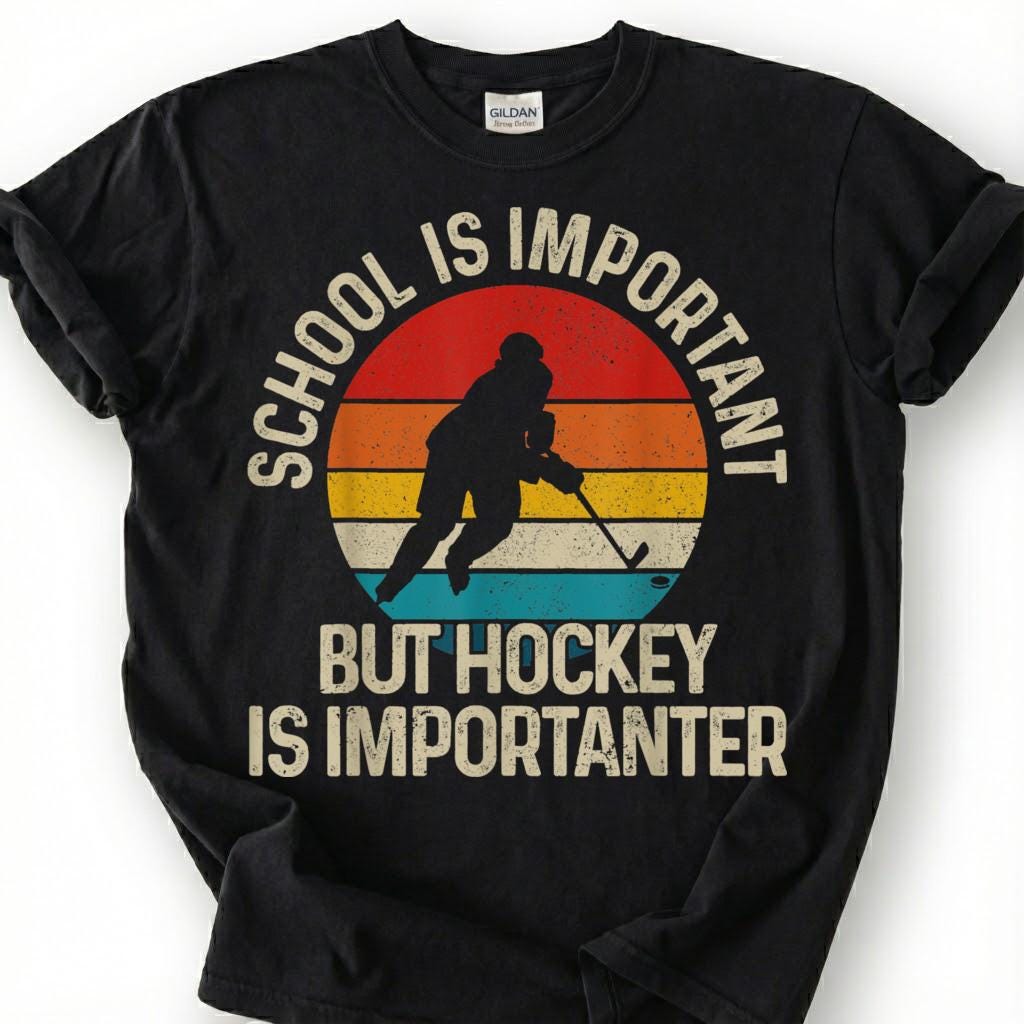 School Is Important But Hockey Is Importanter Shirt, Funny Hockey Player T-Shirt, Retro Vintage Hockey Tee, Hockey Kid Gift, Youth Hockey