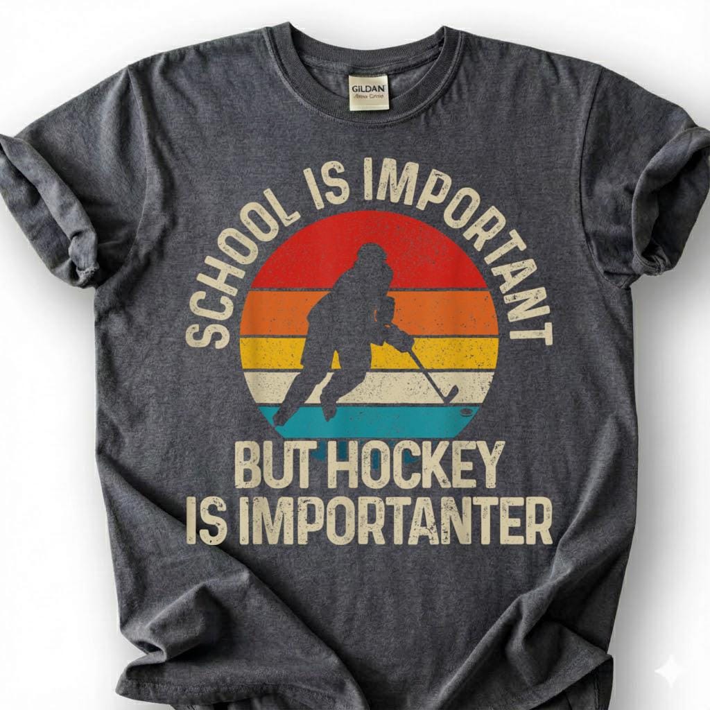 School Is Important But Hockey Is Importanter Shirt, Funny Hockey Player T-Shirt, Retro Vintage Hockey Tee, Hockey Kid Gift, Youth Hockey