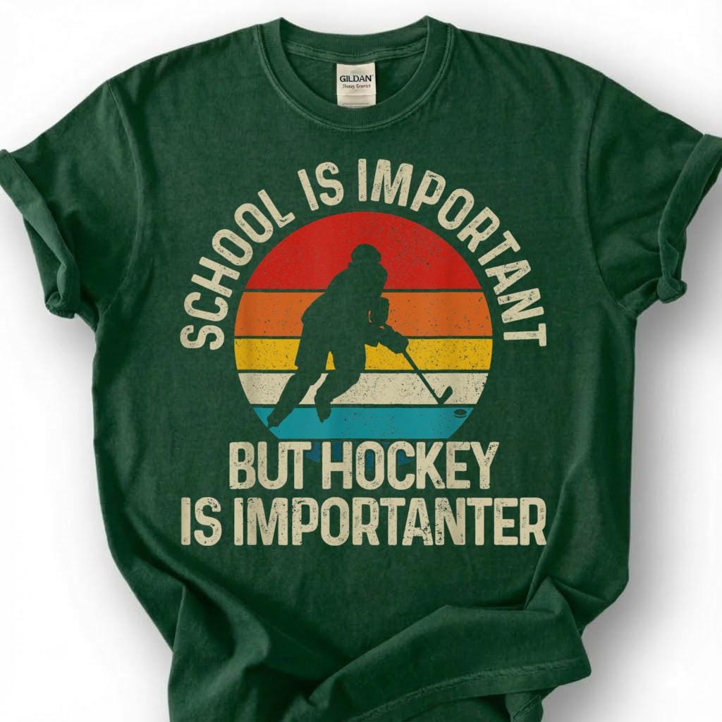 School Is Important But Hockey Is Importanter Shirt, Funny Hockey Player T-Shirt, Retro Vintage Hockey Tee, Hockey Kid Gift, Youth Hockey