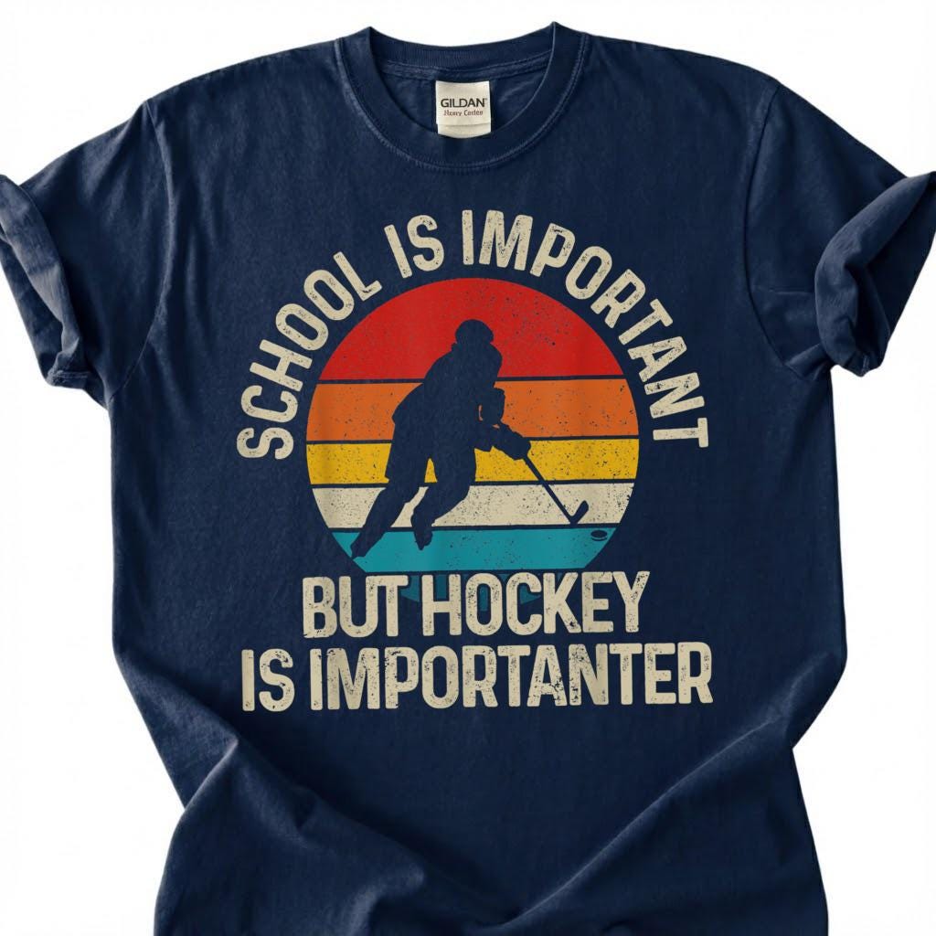 School Is Important But Hockey Is Importanter Shirt, Funny Hockey Player T-Shirt, Retro Vintage Hockey Tee, Hockey Kid Gift, Youth Hockey