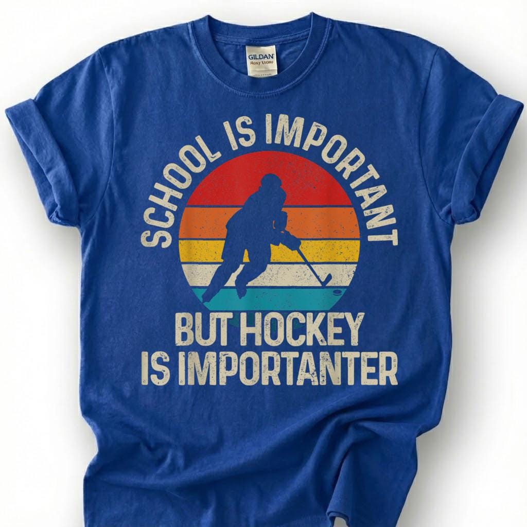 School Is Important But Hockey Is Importanter Shirt, Funny Hockey Player T-Shirt, Retro Vintage Hockey Tee, Hockey Kid Gift, Youth Hockey