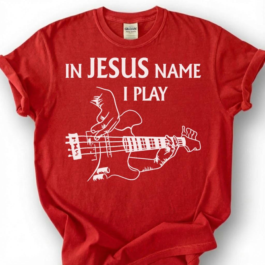 In Jesus Name I Play Guitar Shirt, Christian Bassist T-Shirt, Worship Musician Bass Tee, Church Band Player Faith Gift, Religious Music Top