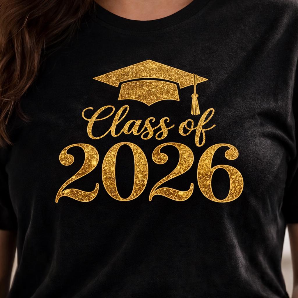 Class of 2026 Shirt, Graduation Shirt, Senior 2026 Tee, Gold Glitter Grad Shirt, Graduate Gift Tee, Senior Year Shirt, Navy Tee