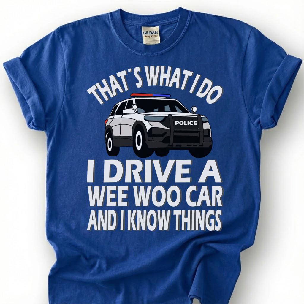 Drive A Wee Woo Car Know Things Shirt, Police Cruiser Cartoon Tee, Funny Cop Slogan Top, Law Enforcement Officer Humor Apparel, Patrol Crew