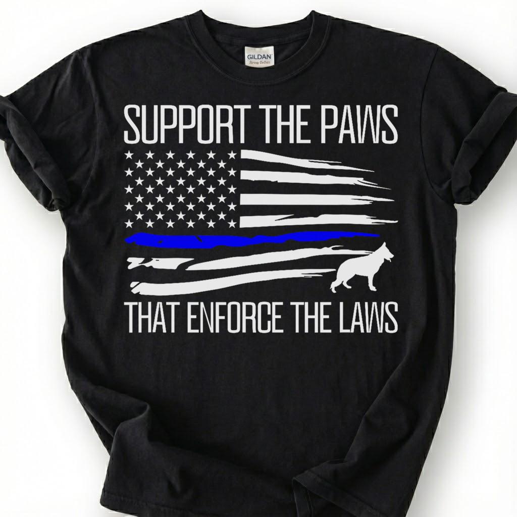 Support The Paws That Enforce The Laws Shirt, Thin Blue Line Flag K9 Tee, Police Dog German Shepherd Top, Canine Unit Handler Apparel
