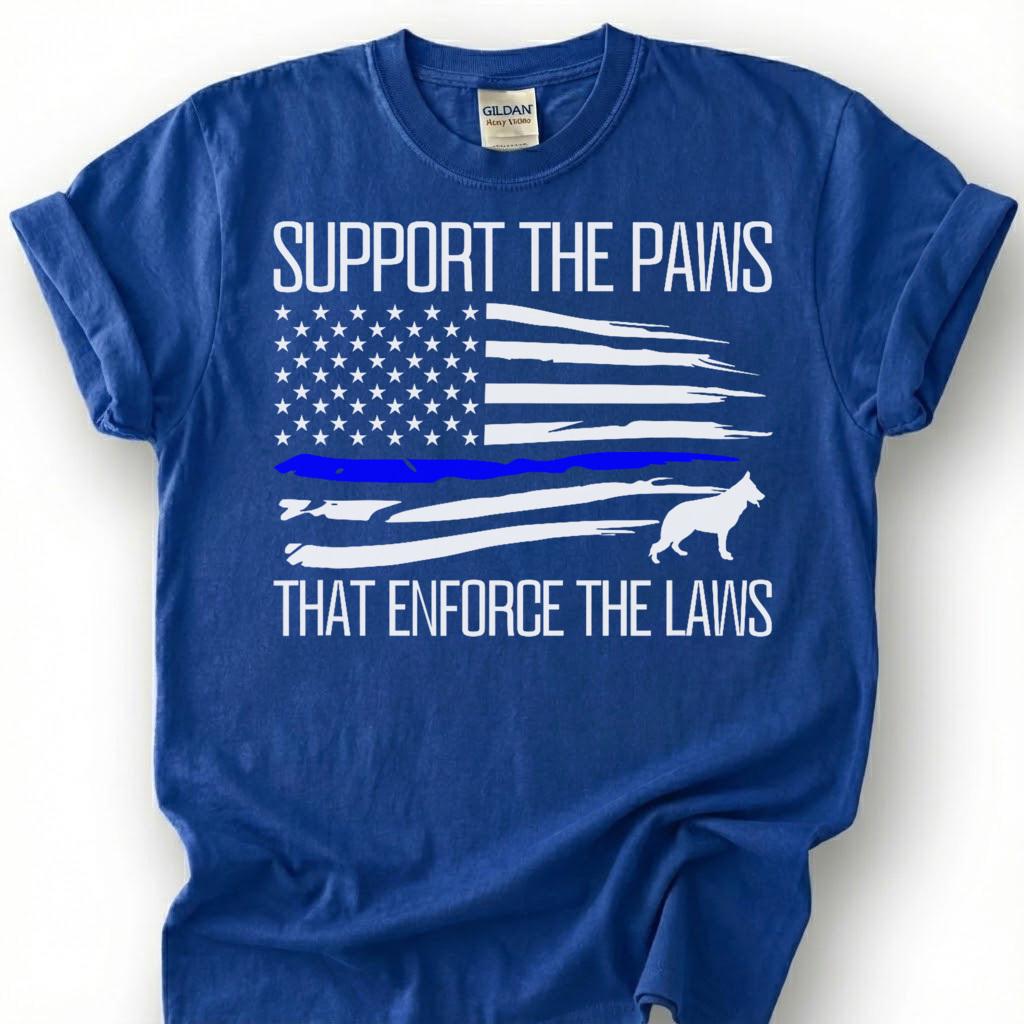 Support The Paws That Enforce The Laws Shirt, Thin Blue Line Flag K9 Tee, Police Dog German Shepherd Top, Canine Unit Handler Apparel