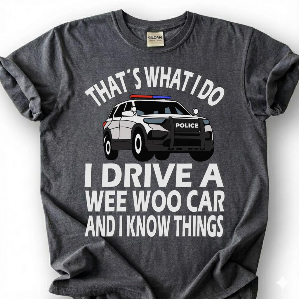 Drive A Wee Woo Car Know Things Shirt, Police Cruiser Cartoon Tee, Funny Cop Slogan Top, Law Enforcement Officer Humor Apparel, Patrol Crew
